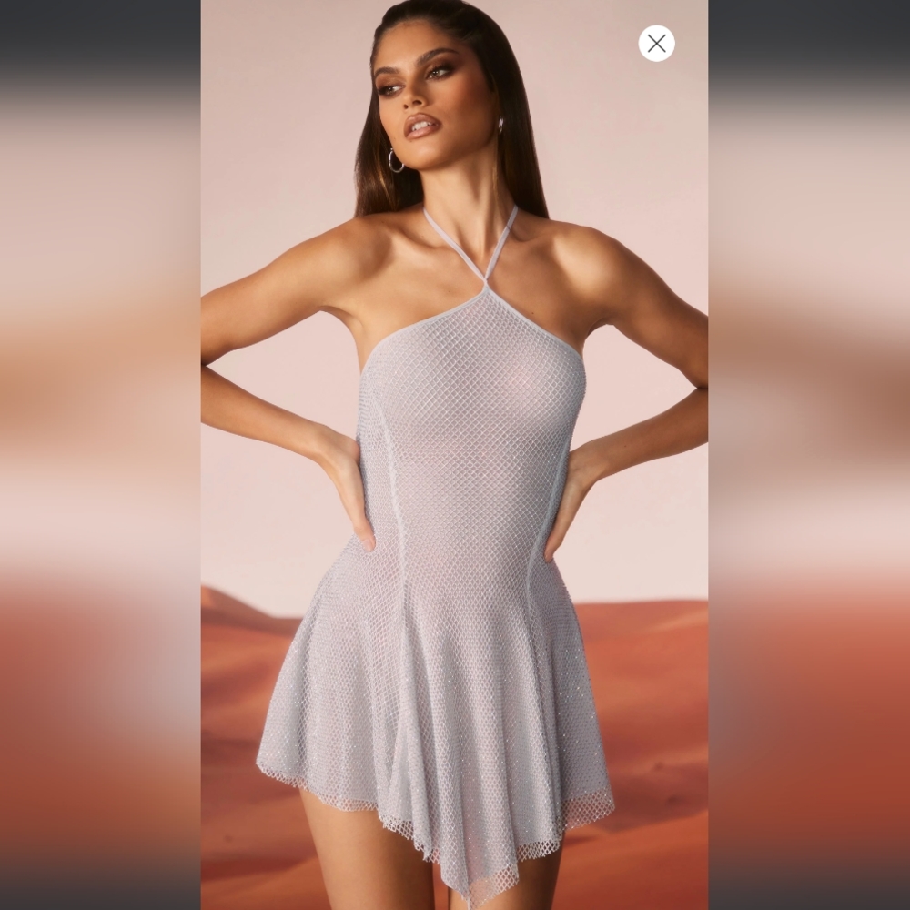 Oh Polly Silver JUNI Embellished Lace Up Back Mini Dress